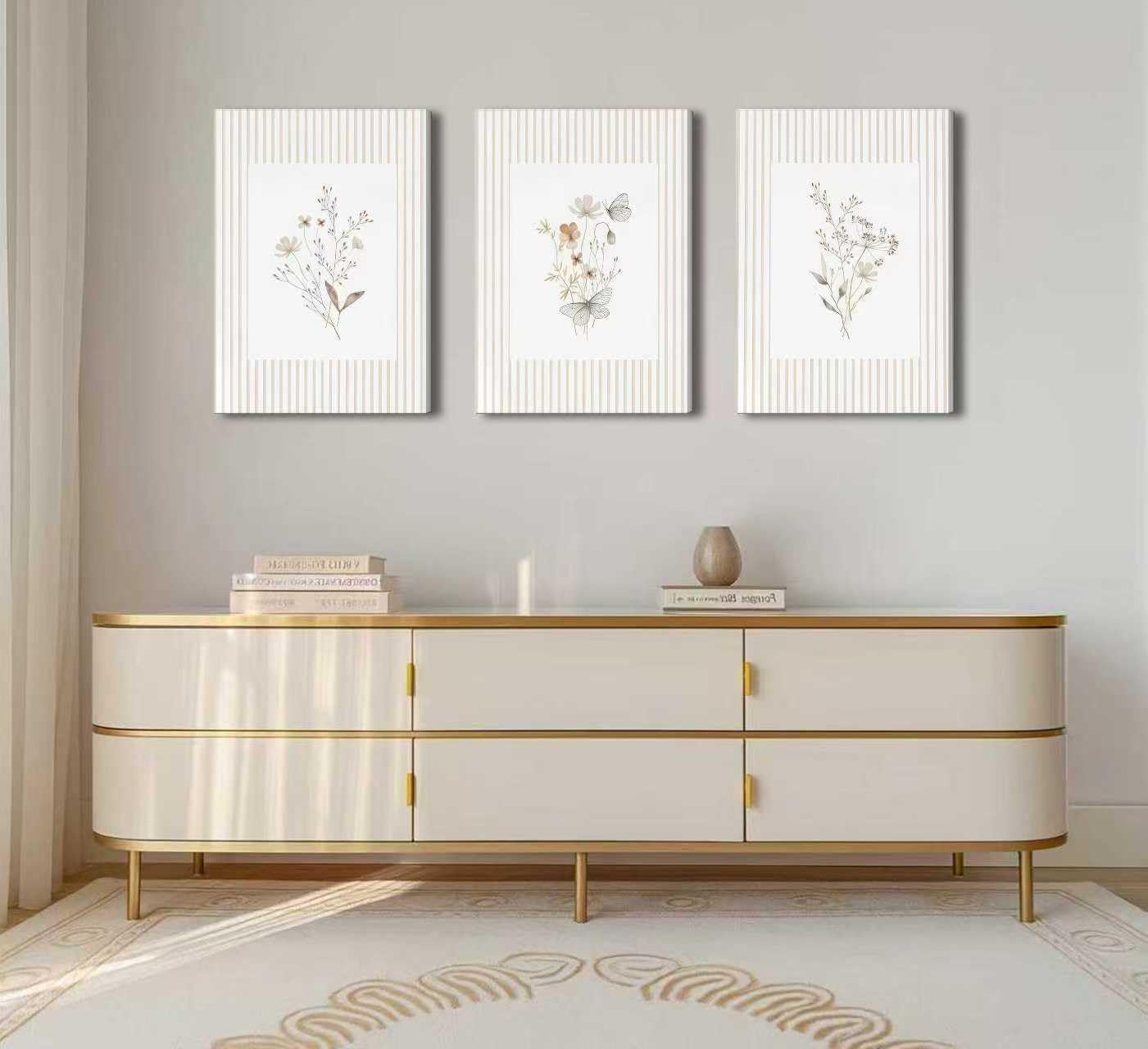 3Psc Striped Floral Canvas Wall Art Neutral Minimalist Flower Painting Picture Wall Decor Boho Vintage Wildflower Poster Print Artwork for Living Room Bathroom Home Decoration12x16 Inch