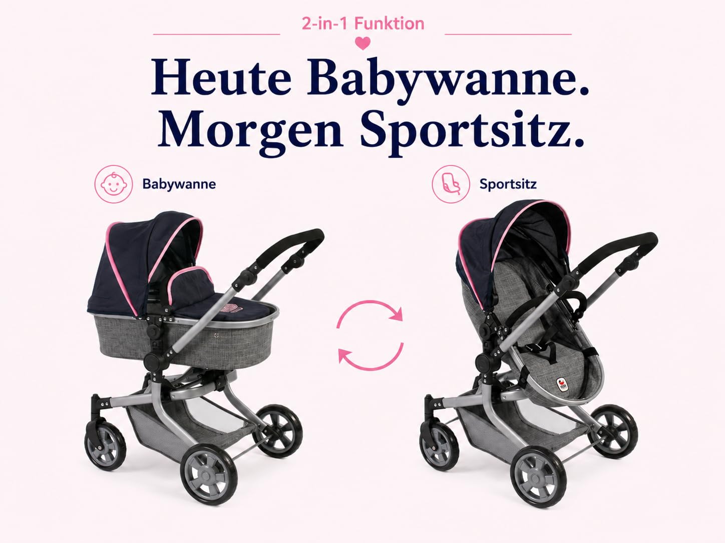 Bayer Chic 2000 Poussette poupée Mika 2 en 1 Pliable et réglable | Poussette poupée 2 en 1 pliable avec poignée réglable (47-80 cm), pour poupées jusqu'à 52 cm.