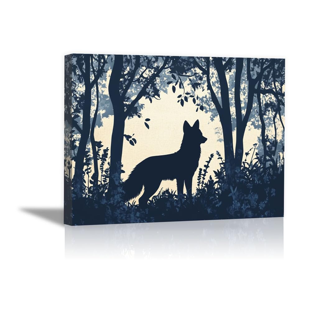 TERUEA Cute Animal Canvas Wall Art Picture Fox Silhouette Forest (Blue)-70x100cm Framed