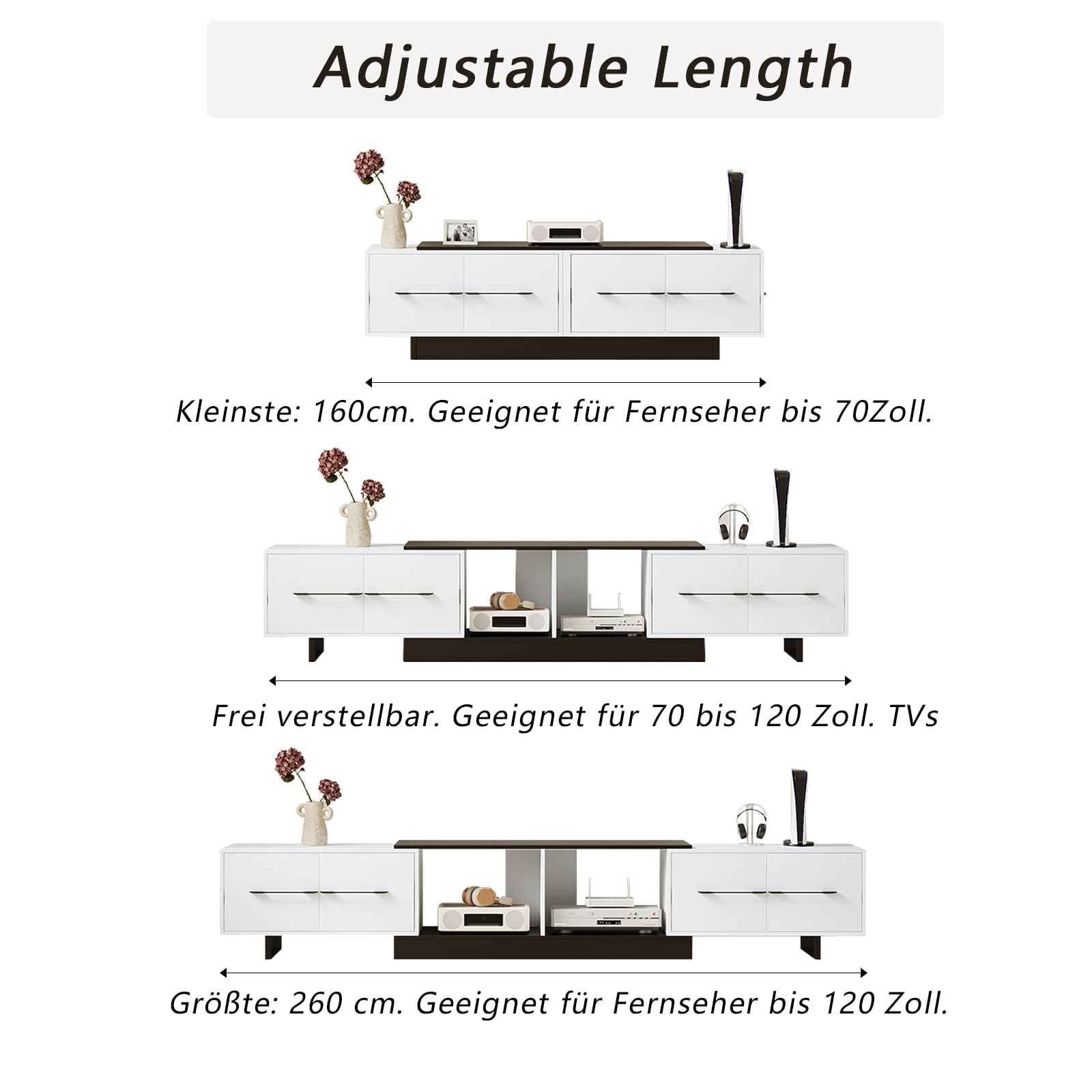 Ausziehbares TV Schrank 190-260cm，Holz TV Lowboard mit 4 Schubladen, für 120 Zoll Fernseher，Moderner TV Möbel für Wohnzimmer