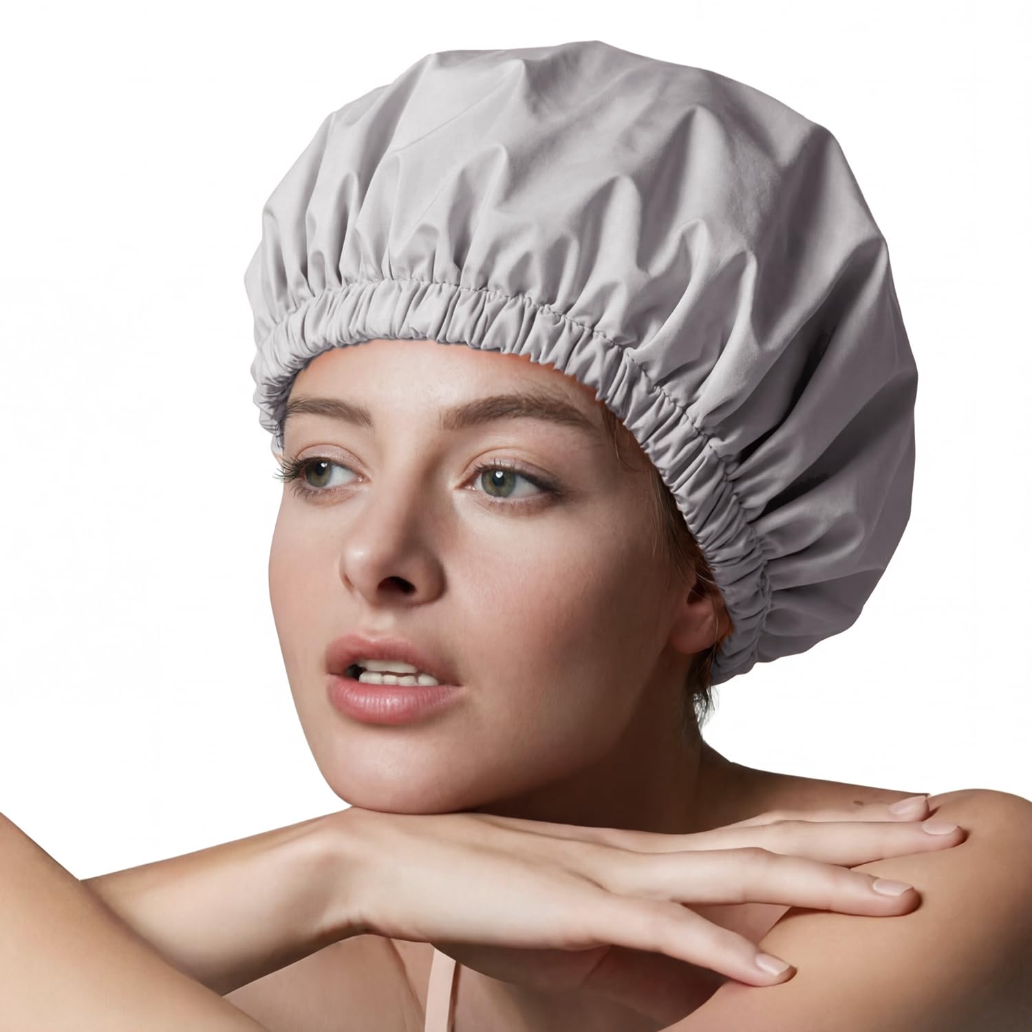 Gorro de ducha para mujer, gorro de ducha con forro de seda de lujo, lavable a máquina, tamaño ajustable y reutilizable, gorro de ducha grande de satén para todo el cabello gris