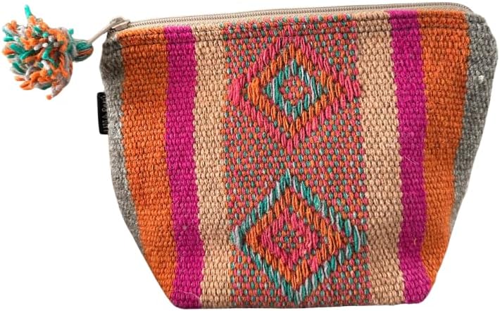 Handmade Makeup Pouches from Peru – Boho Chic Cosmetic Bag with Zipper, Cute Beauty Pouch for Purse Bag Organizer or Travel Essentials (Rhombus, Orange - Pink)
