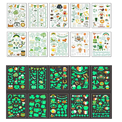 St Patricks Day Stickers, Temporary Tattoos for st patrick Decorations, Luminous Tattoos with Shamrock, Irish Flag, Luck to Be Irish, Glitter Tattoos, Glow in The Dark for Face Body Arms (10 Sheets)