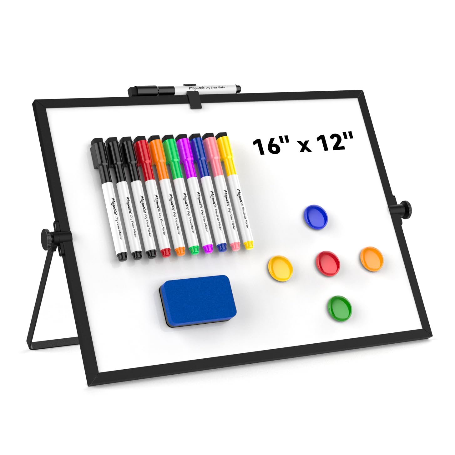 Biała tablica suchościeralna, magnetyczna tablica biurkowa Cazeyoo 40 x 30 cm ze stojakiem, 10 markerami, 4 magnesami i 1 gumką, przenośna dwustronna biała tablica do rysowania dzieci, biura, domu