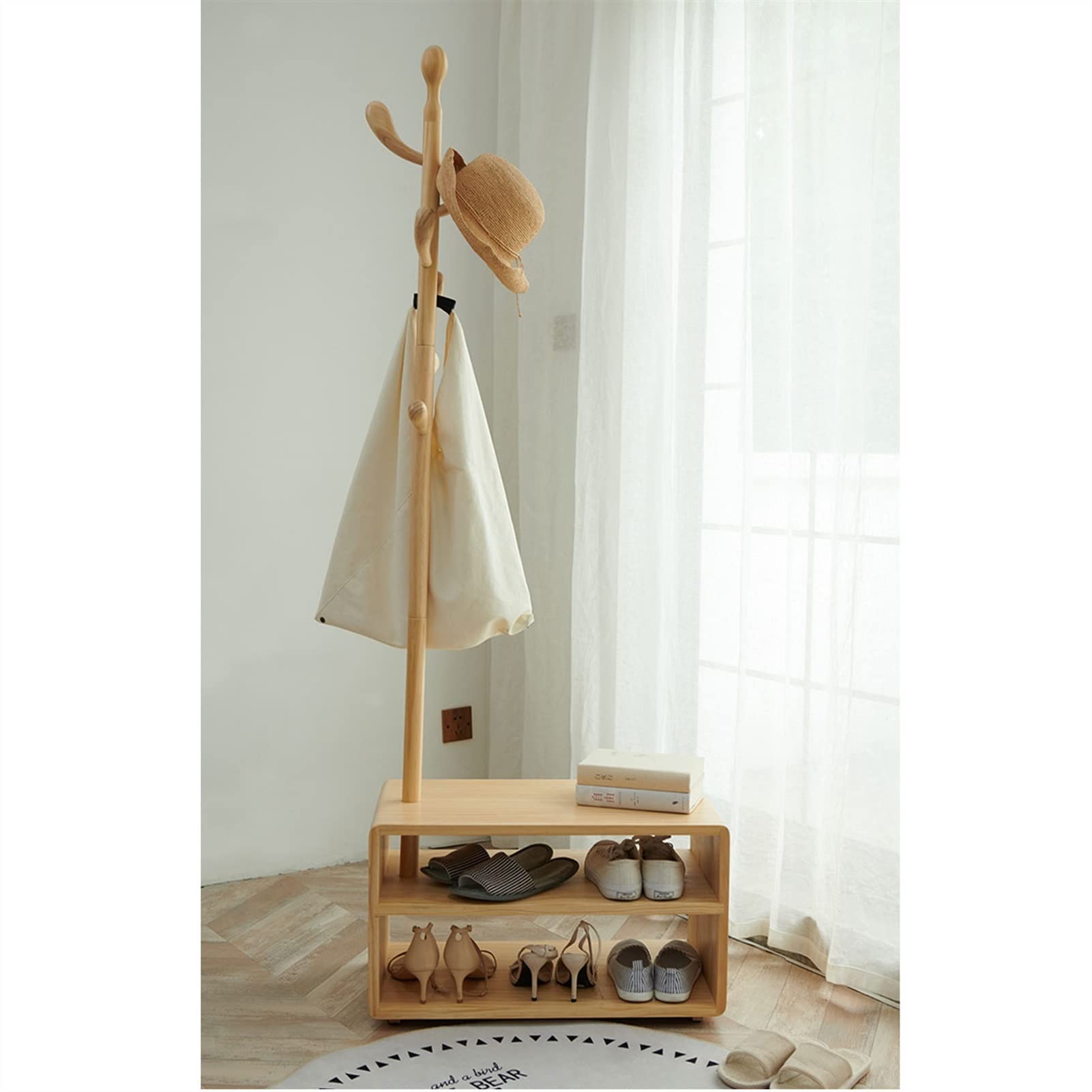 3-in-1 Wooden Shoe Rack & Coat Stand, Simple Storage Shelf with Entryway Bench, Stylish Hallway nizer, Multifunctional Entryway Furniture (M)