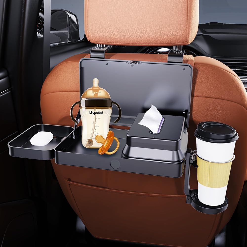 Car Back Seat Tray Table Foldable & Stable Backseat Food and Work Desk for Rear Passengers, Adjustable Travel Tray for Road Trip Eating, Plastic