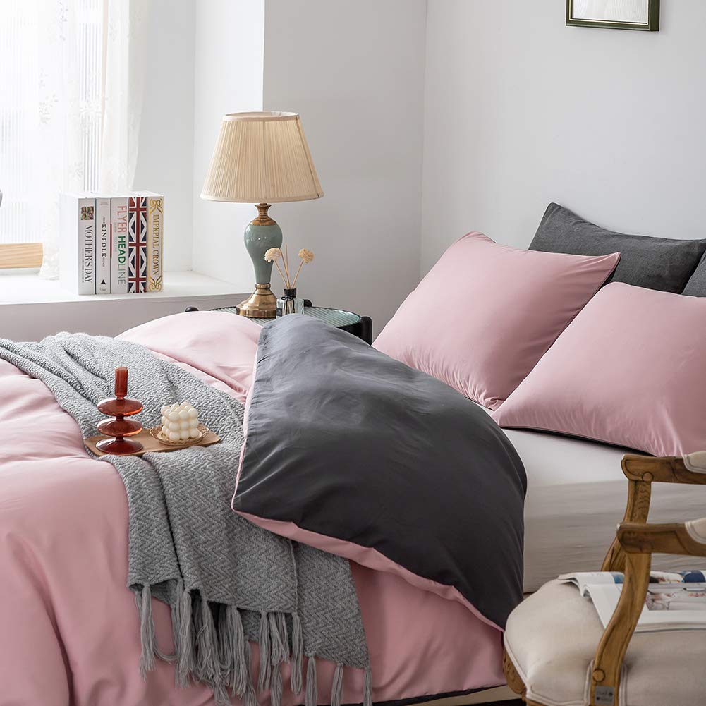 Lanqinglv Beddengoed 200 x 220 cm, roze/wit met ruches, van 100% zachte microvezel tweepersoonsbed - omkeerbaar dekbedovertrek 200 x 220 cm 2 kussenslopen 80 x 80 cm, met ritssluiting
