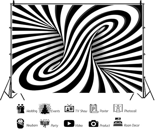 Miniatura 10 de YongFoto Fondo abstracto de rayas blancas y negras de 5 x 3 pies 3D psicodélico espiral ondulado espacio fotografía fondo hippie bohemio ilusión