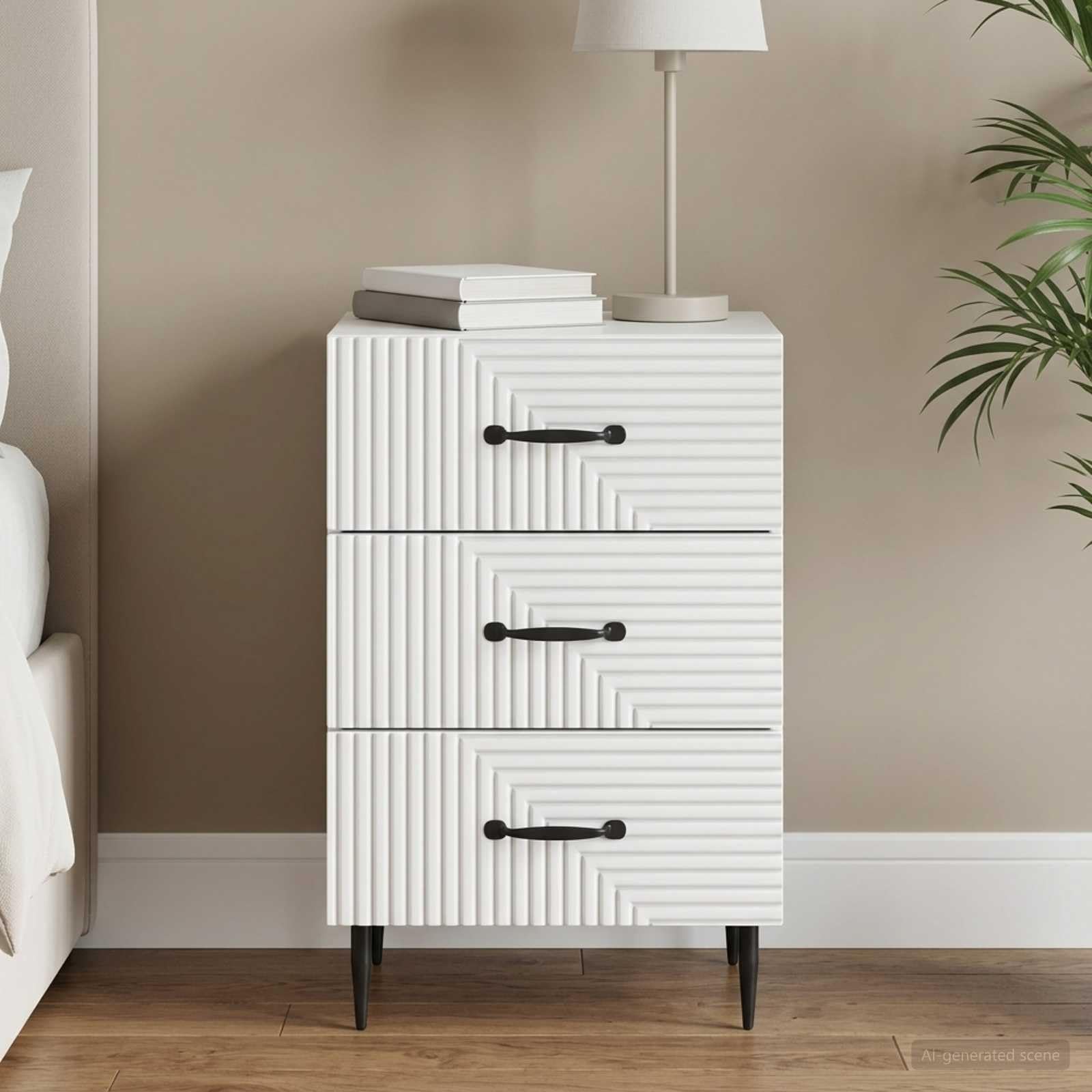 Mesita de noche con 3 cajones de madera blanca de 43 x 41 x 66,5 cm para dormitorio, salón, mesa auxiliar funcional con espacio de almacenamiento, diseño duradero, fácil montaje y
