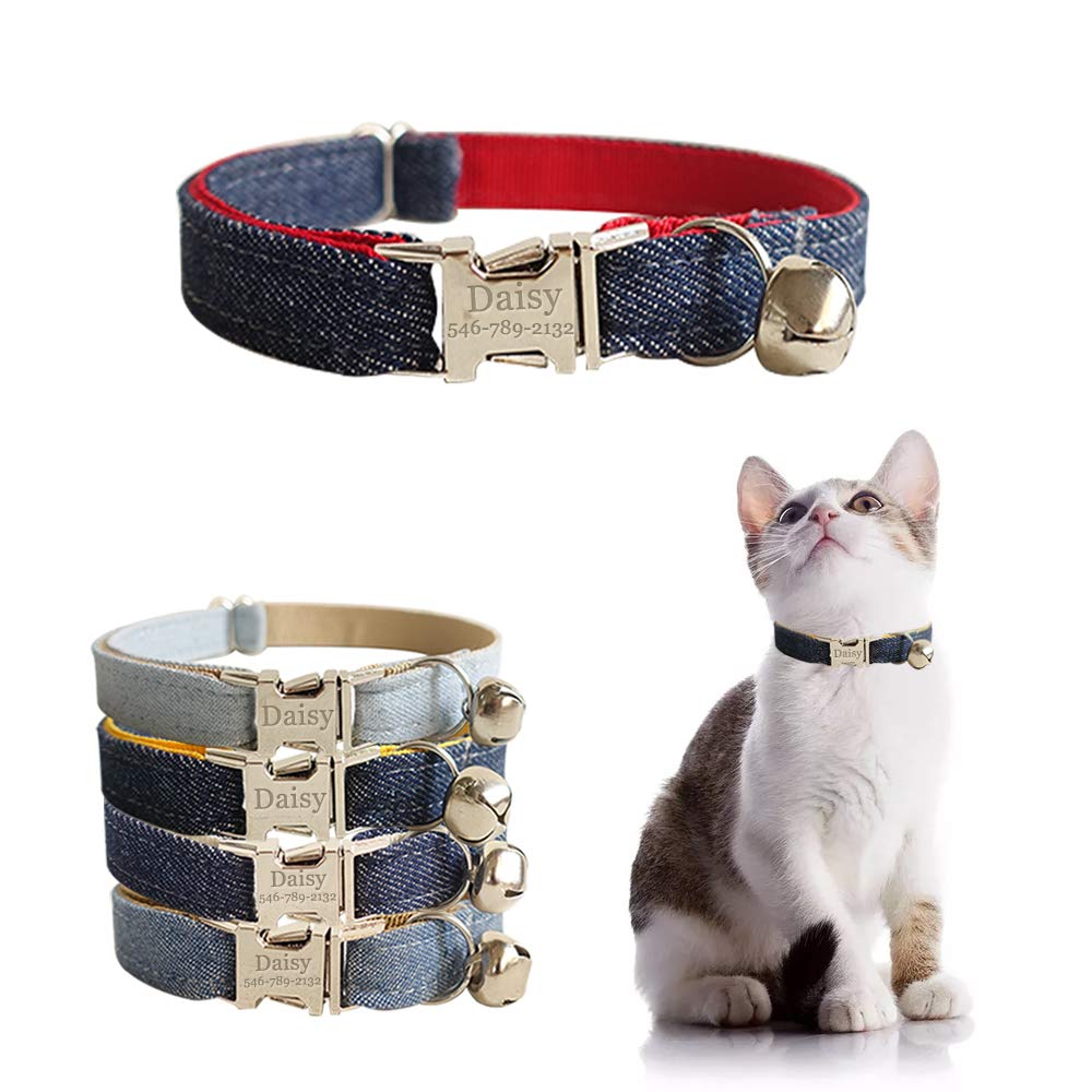 Personalized Cat Collar with Name Plate,Adjustable Tough Nylon Cat ID Collars with Bell,Customize Engraved Pet Name and Phone Number (Jean Style)