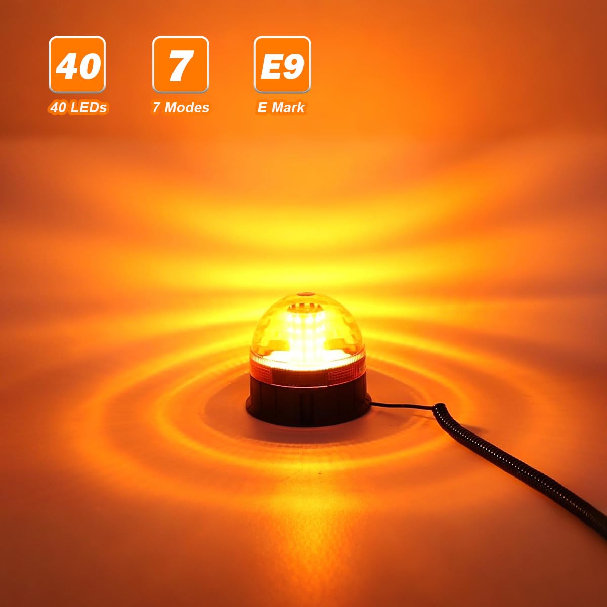 40 LED Rotativo Tractor Led Iman 12V 24V Pirulos Led Rotativo Tractor Luz de Emergencia Ámbar con Magnética 7 Modos, Luz Rotativa con Cable para Vehículos Agrícolas (Con base magnética)