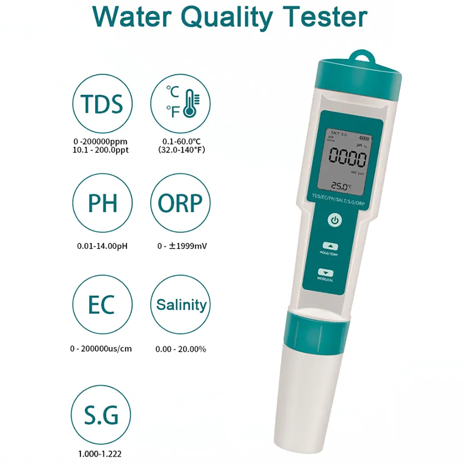 ERICAT 7 En 1 PH/ORP/EC/Salt/S.G/TDS/Temp Tester, Monitor De Calidad del Agua con Retroiluminación LCD, Resolución De 0,01 Y Rango De Medición De PH 0-14, Batería Extraíble, para Acuario