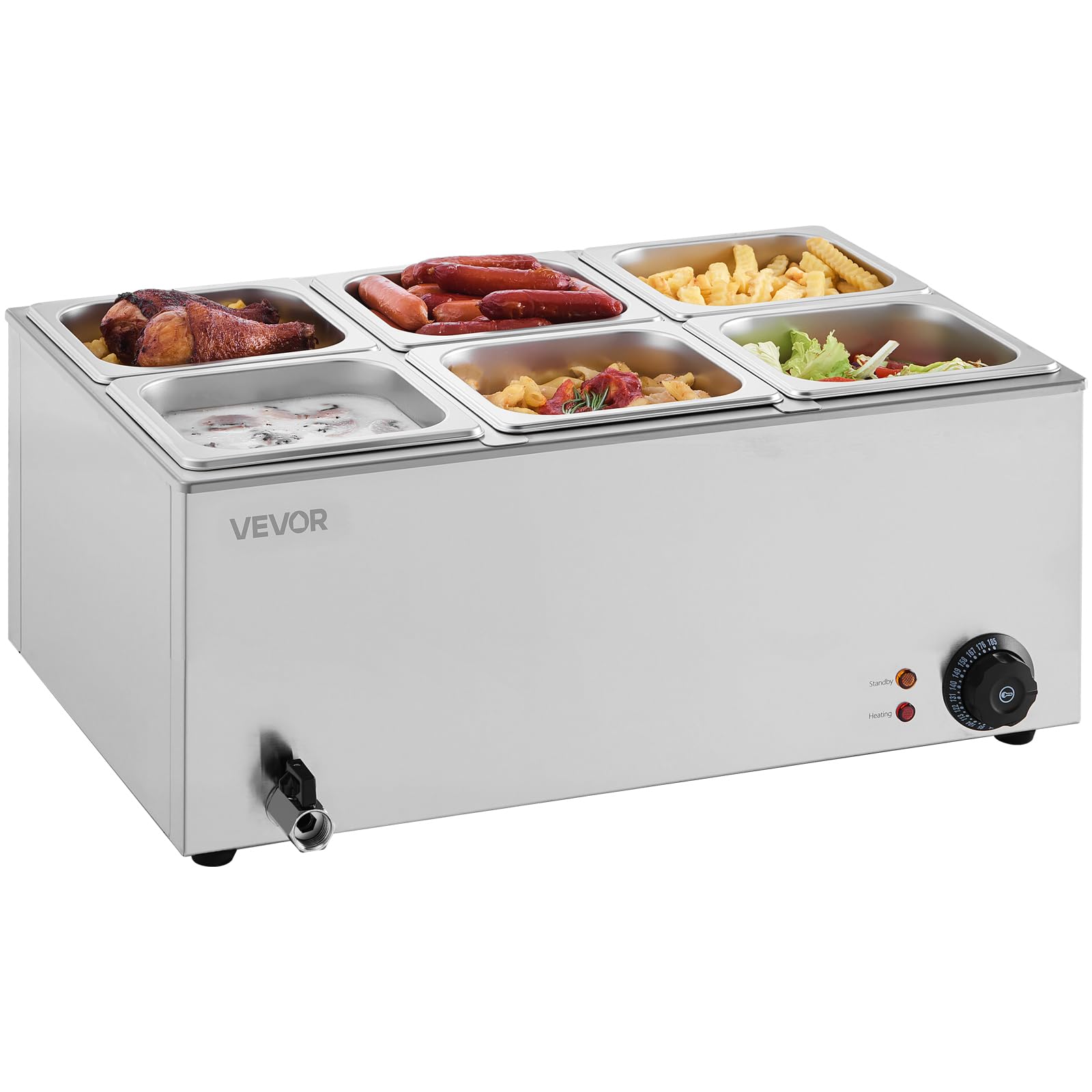 VEVOR 6-Pan Commercial Food Warmer, 24QT Electric Steam Table, 1200W Professional Countertop Stainless Steel Buffet Bain Marie with 86-185°F Temp Control for Catering and Restaurants, Silver
