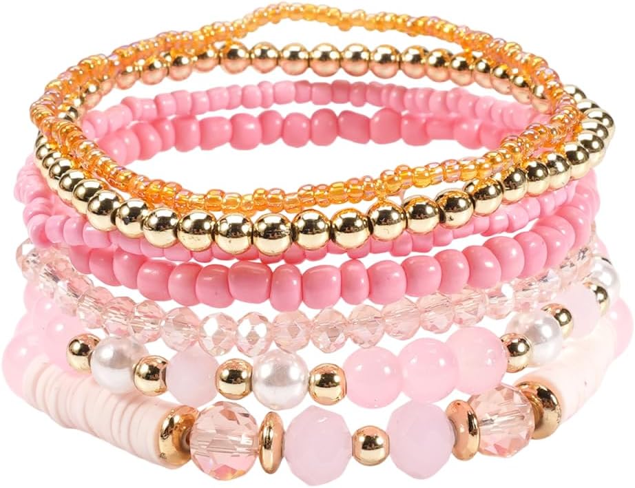 Caiyao 7Pcs Bohemia Multilayer Stackable Crystal Beaded Bracelet Set Multicolor Surfer Heishi Clay Gold Beaded Friendship Stretch Bracelets for Women Men Summer Beach Boho Vacation Jewelry Gifts