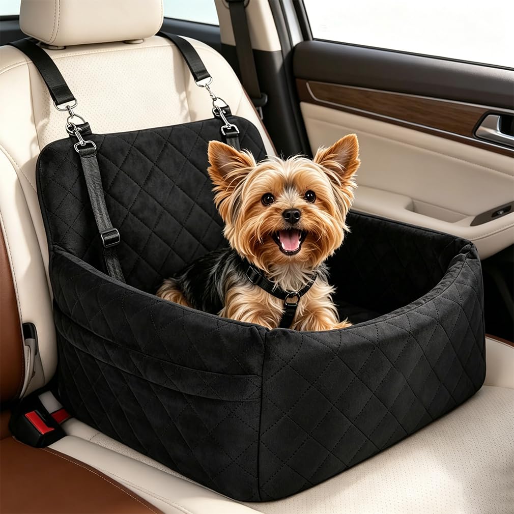 Small Dog Car Seat, Memory Foam Dog Booster Seats with Thick Cushion, Plush & Cosy Pet Car Booster Seat for Small Dogs & Cats Under 35lbs with Storage Pockets,2 Safety Belts