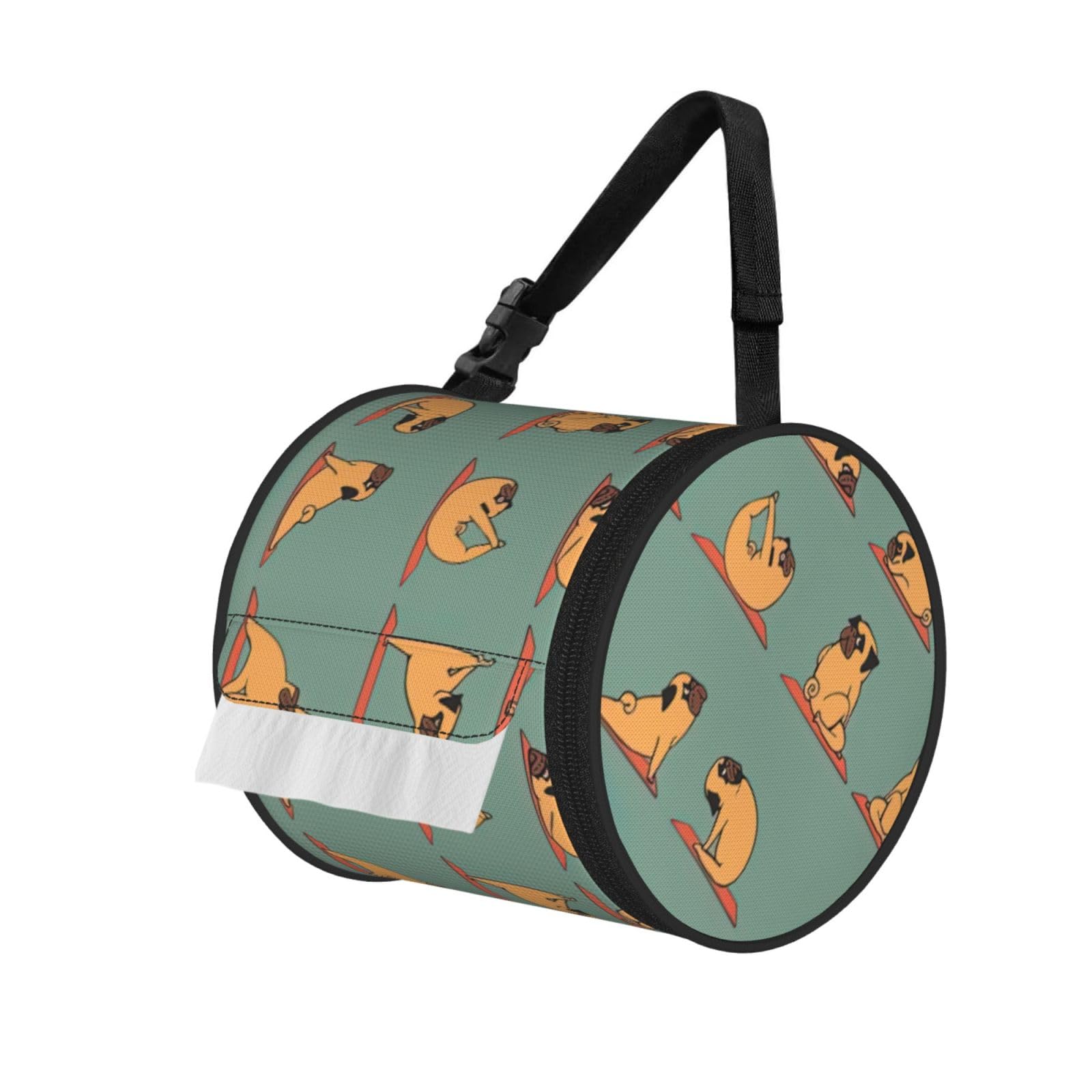 Yoga Pug Print Round Paper Tissue Holder With Shoulder Strap, Portable Roll Case For Caravan Travel Use
