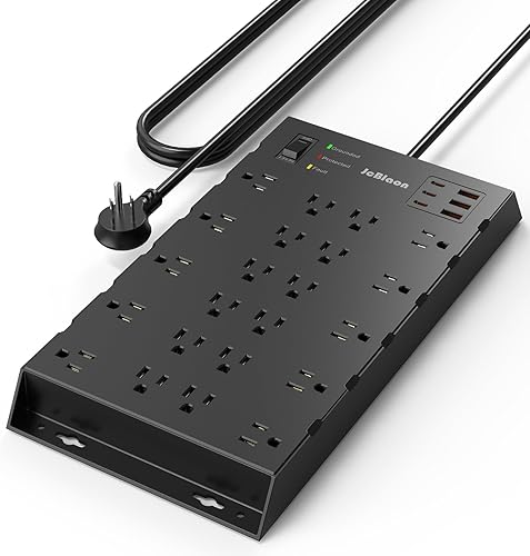 JcBlaon - 22 salidas y 6 USB Big Power Strip, protector de sobretensiones con 3USB C y 3USB A puertos de carga, cable de extensión de enchufe plano