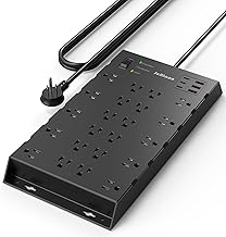 22 Outlets & 6 USB Big Power Strip, Jcblaon Surge Protector with 3USB C & 3USB A Charging Ports, 6.5ft Flat Plug Heavy Duty Extension Cord(1875W/15A)，2100J, 14AWG,Wall Mountable for Garden,Shed, Black