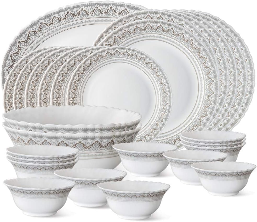 Larah by Borosil Fluted Series Classic Opalware Dinner Set | 27 Piece for Family of 6 | Microwave & Dishwasher Safe | Bone-Ash Free | Crockery Set for Dining & Gifting | Plates & Bowls | White