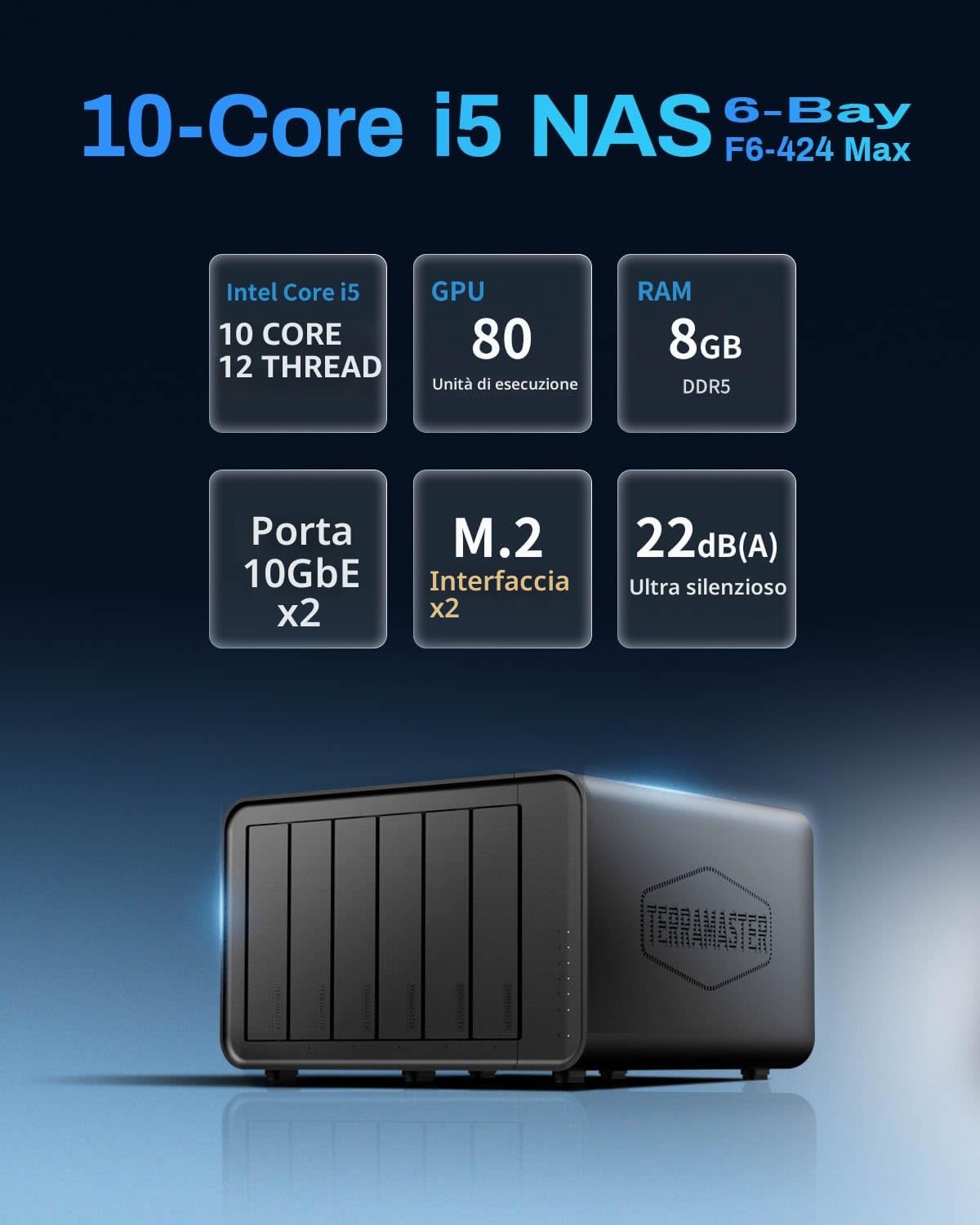 TERRAMASTER Storage NAS F6-424 Max - 6Bay Core i5 1235U 10 core 12 thread, RAM DDR5 da 8 GB 10 GbE Port X2, Network Attached Storage Massime prestazioni per aziende (Diskless)