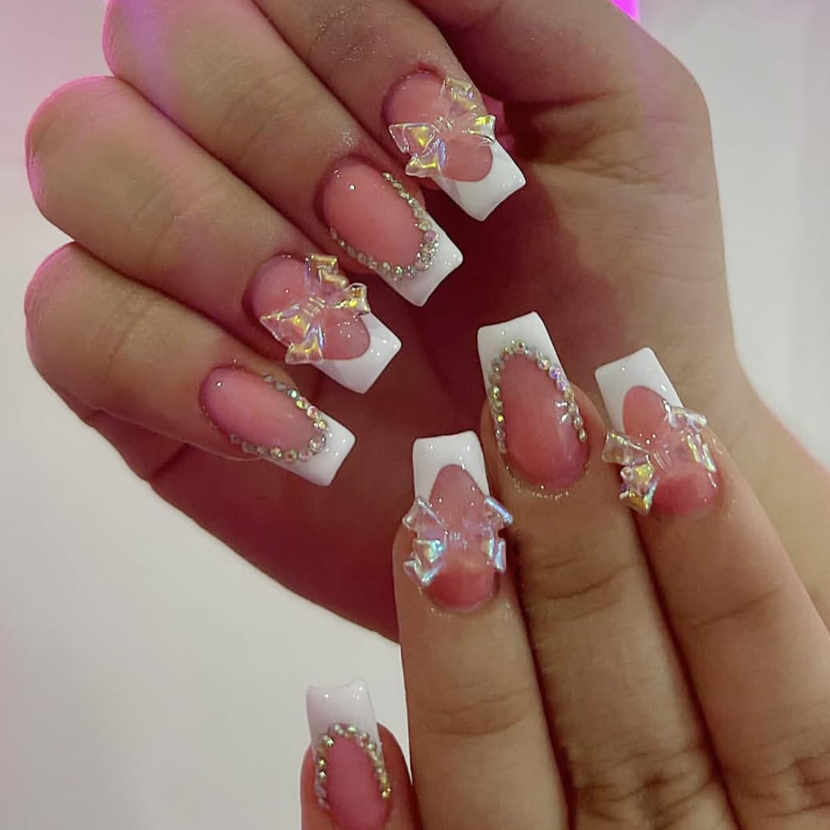LINMEIZAI 24 Pcs Spring Press on Nails Short Almond,Pink Glitter Fake Nails Press ons Nail Tips Kit Glue on Nails Stick on Nails Acrylic False Nails