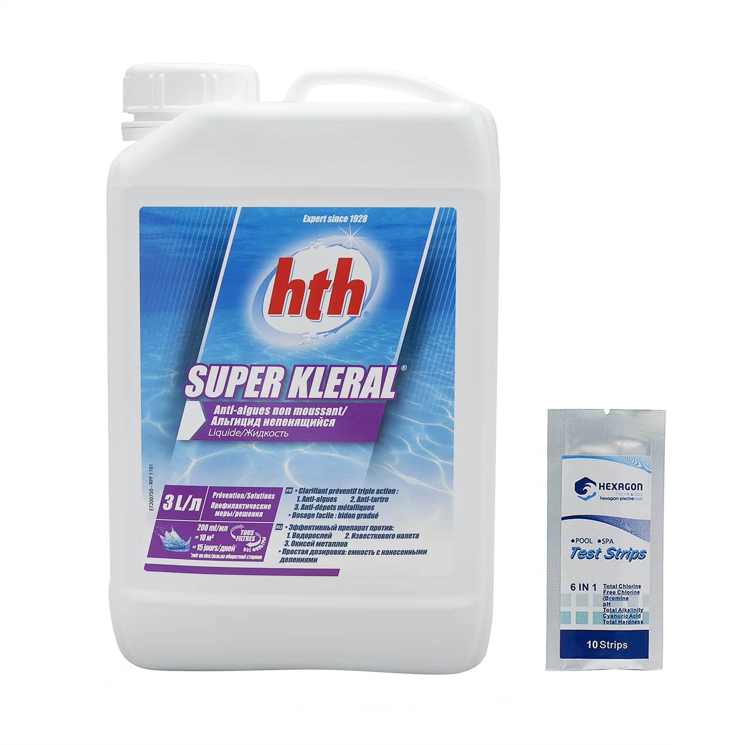 HTH Super KLERAL Liquide - 3L | Anti-Algues Multifonction - Triple Action : Anti Algues, Anti Tartre, Séquestrant Métaux - Non moussant + 10 Tests HPS OFFERTS 6 en 1