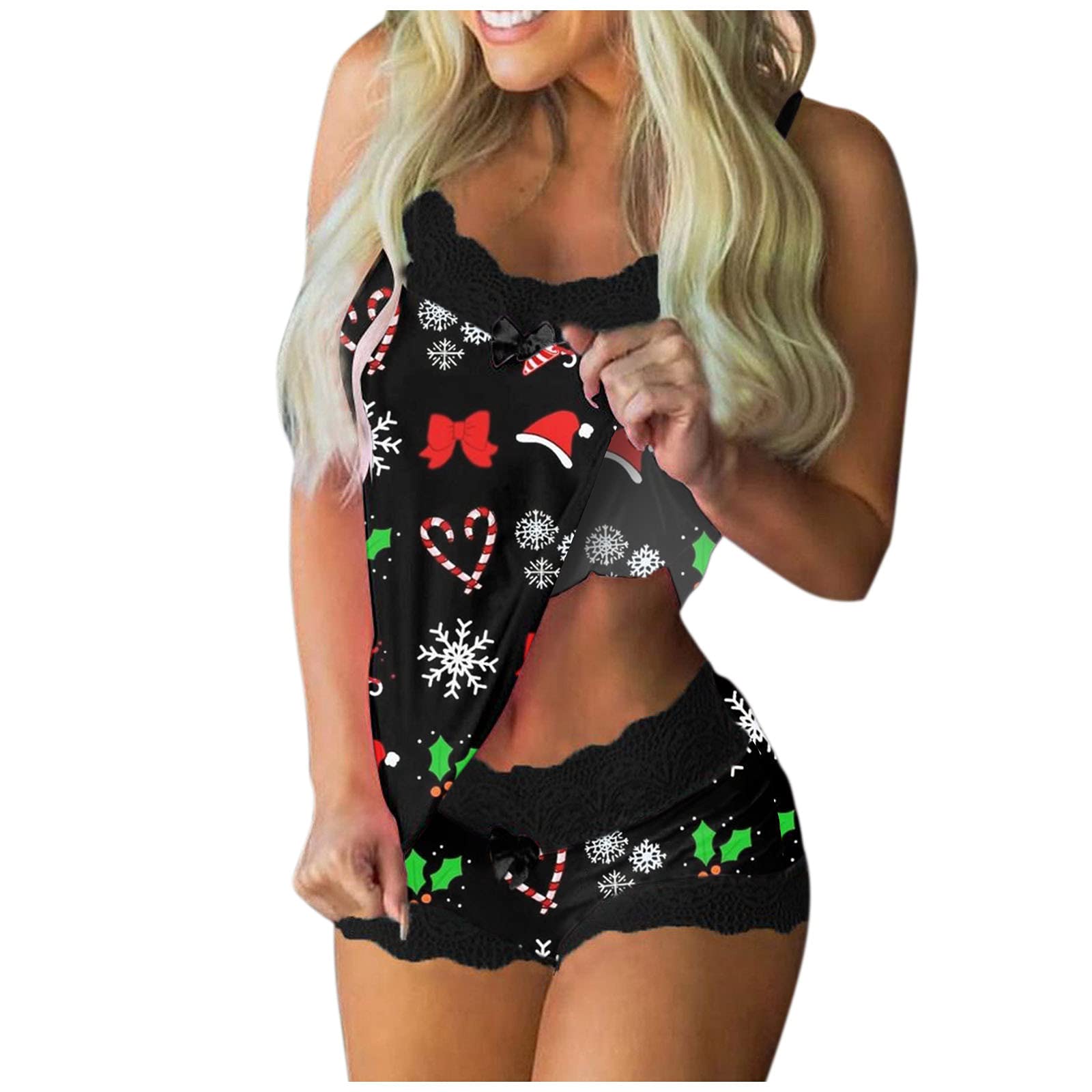 Women Christmas Cami Pajama Set Sleeveless Modal Sleepwear Lace Trim Cami Shorts Lingerie Sleepwear Short PJ Set