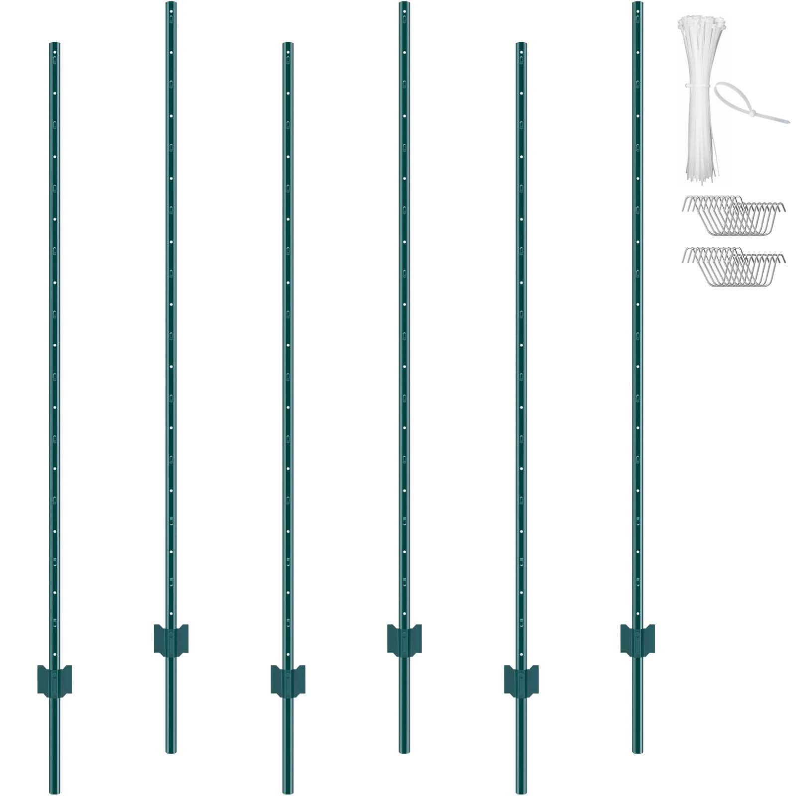 VEVOR 6 Feet U-Channel Metal Fence Post, 6 Pack With 24 Zip Ties & 12 Clips, Sturdy Steel Stakes for Garden Yard, Lawn, Farms and Outdoor Wire Fencing, Green