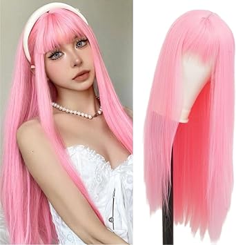 Pink Long Wigs for Women with Bangs Straight Synthetic Fibre Hair Wig for Daily Cosplay Costume Halloween Use