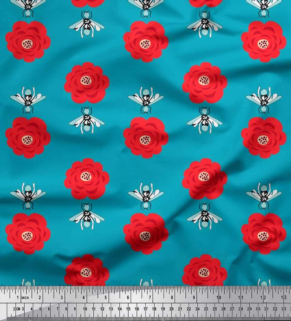 SoimoiSoimoi Satin Silk Fabric Floral & Bee Insects Print Fabric by the metre 42 Inch Wide