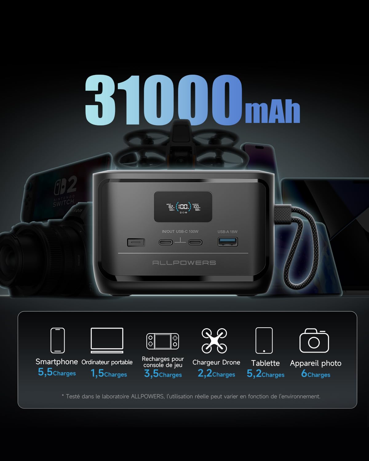 ALLPOWERS SOLAX P100 station électrique portable 99.2Wh/31000 mAh