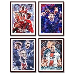 Famous Football Superstar Ronaldo, Messi, Neymar And Mbape Set of 4 Poster Prints Wall Decor Bedroom for Living Room Sport Room Gift for Fan Football Size 11.7×16.5 inch UNFRAMED
