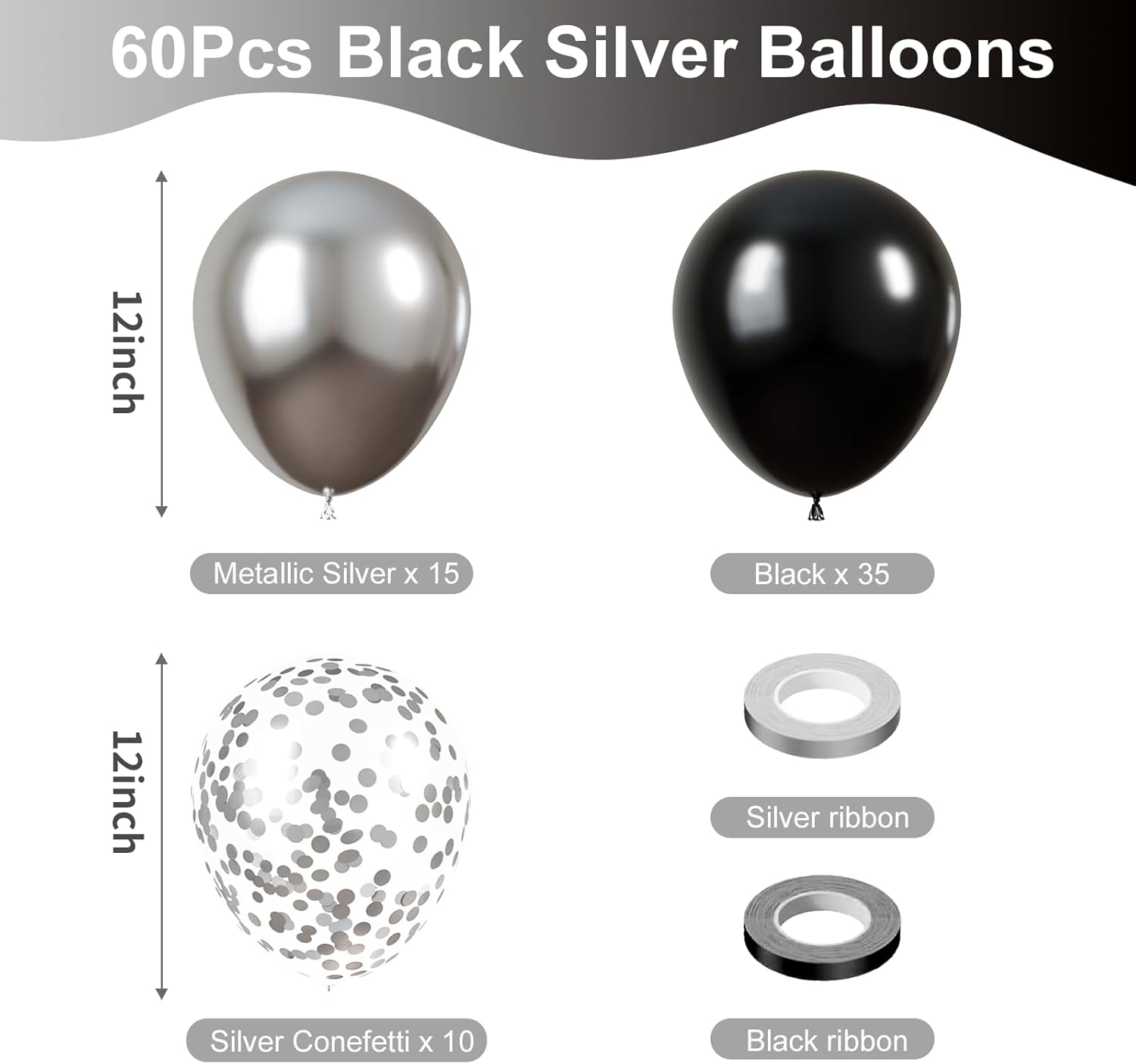 KBZVNAF Black and Silver Latex Balloons - 60 Pack 12 inch Black Metallic Silver Confetti Party Balloons for Birthday, Baby Shower, Wedding, Bridal Shower, Graduation Party Decorations - Image 2