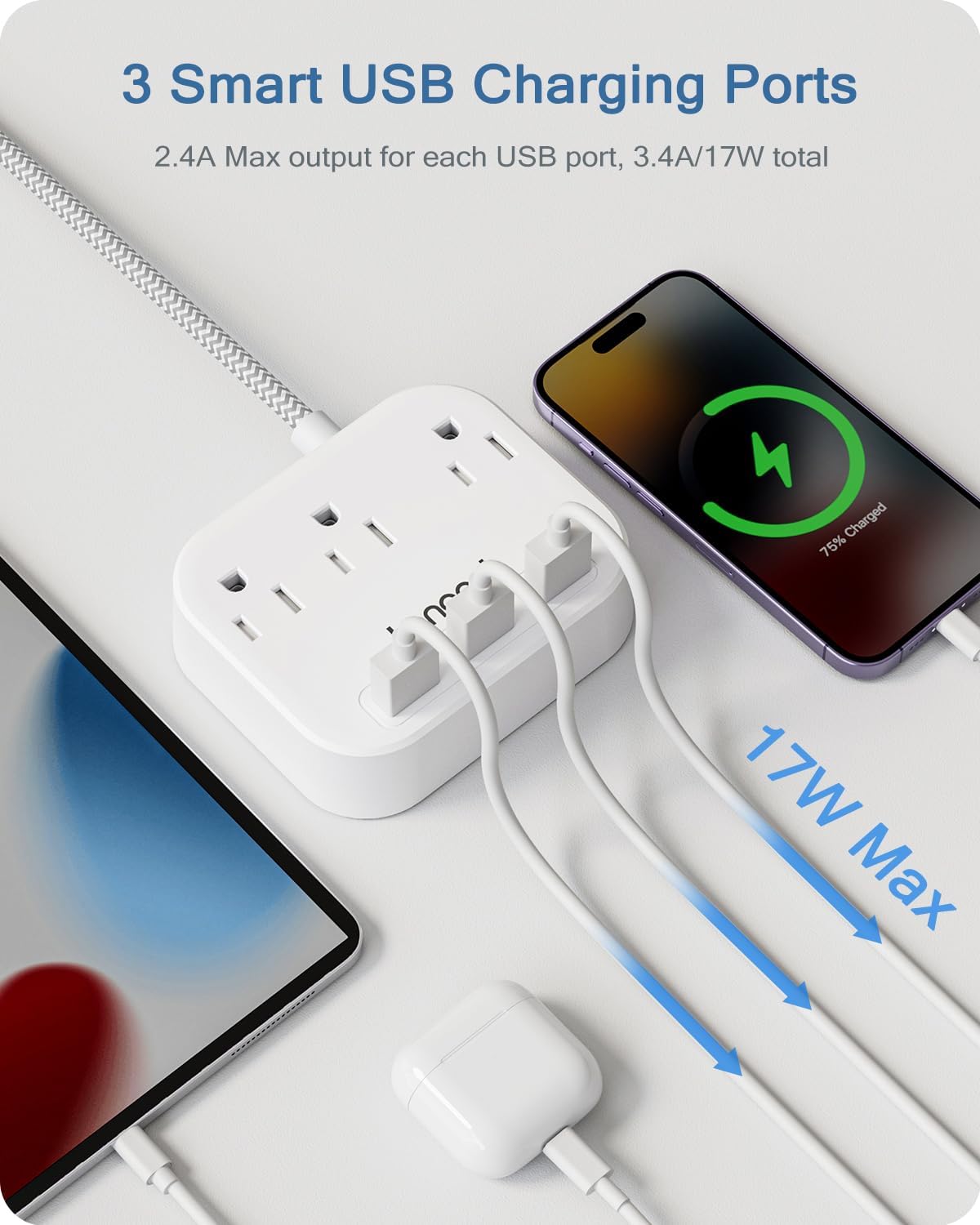 LENCENT Power Strip with multiple devices charging via USB and AC outlets