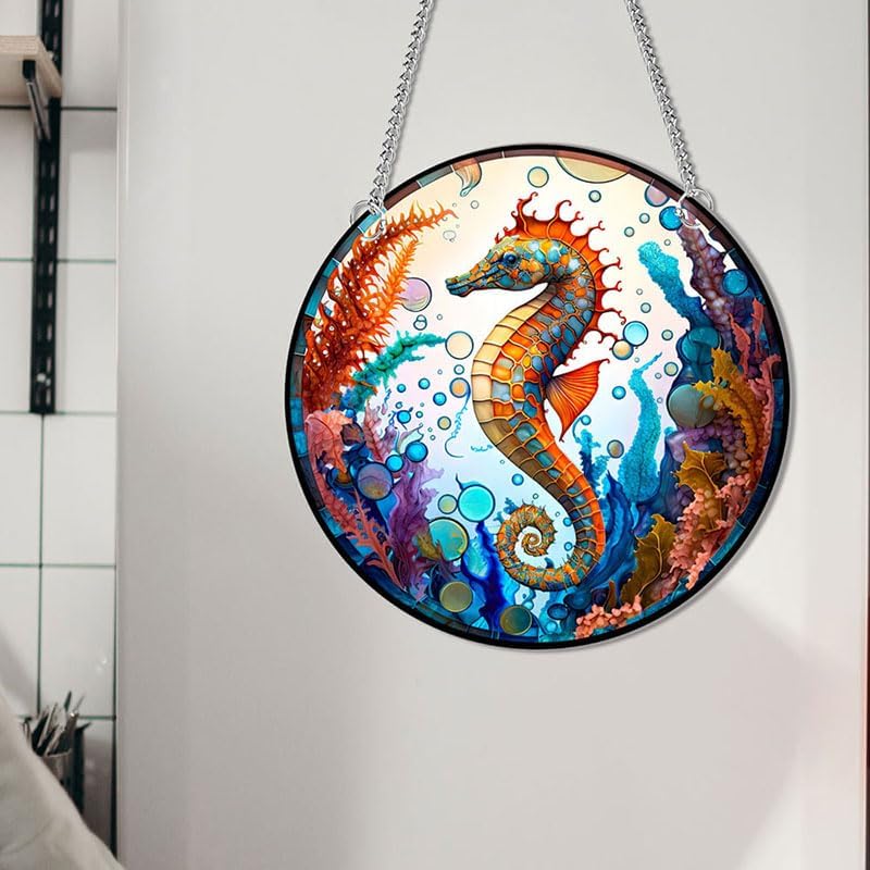 Miniatura 5 de Caballito de mar acrílico manchado para colgar en la ventana, decoración de pared de caballito de mar acrílico del océano, vitral, para colgar en la