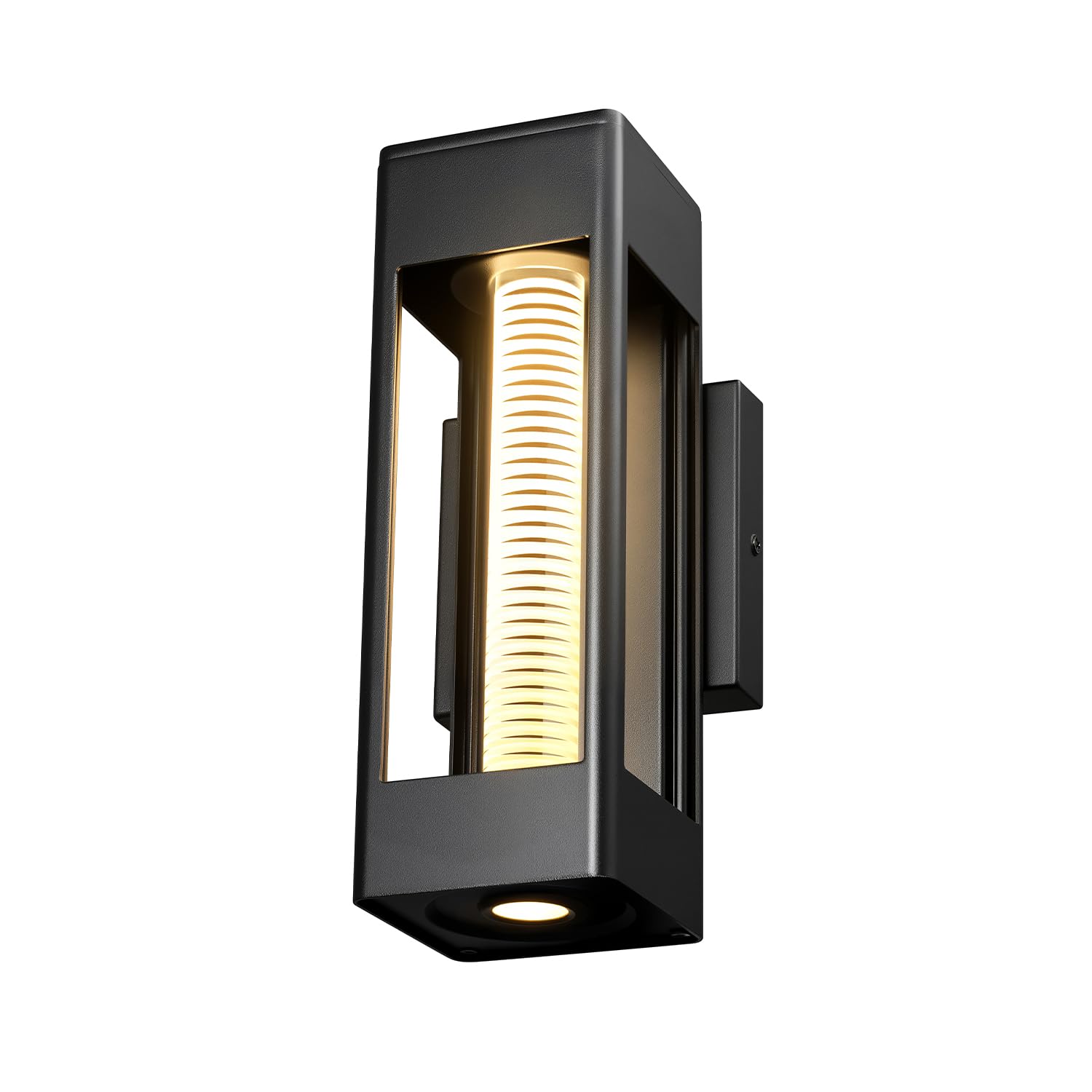 Globe Electric 11W LED Integrated Outdoor Wall Sconce, Matte Black, Horizontal Etched Glass, Downlight, Dimmable, 2700K, 600 Lumens, 90 CRI, Front Patio, Exterior Lighting for House