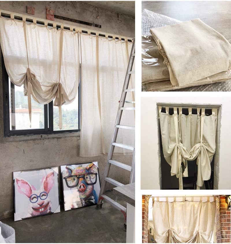 vctops Cotton Linen Tie Up Curtain Country Style Tab Top Light Filtering Adjustable Balloon Curtain Shades for Kitchen Windows Cafe Curtains, 51x75 Inches, Beige