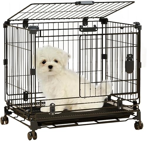 Jaula para perros de 24 pulgadas, fácil de montar, corral para perros medianos con doble puerta y cajón a prueba de fugas, jaula de acero al carbono