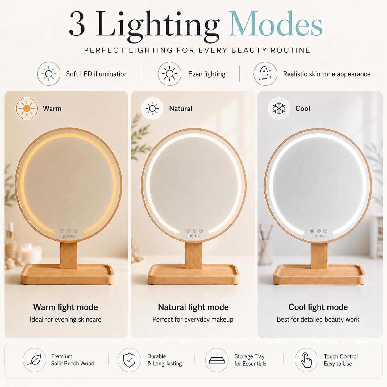 LUXFURNI Round Vanity Mirror with Lights, Hollywood Makeup Mirror Wood