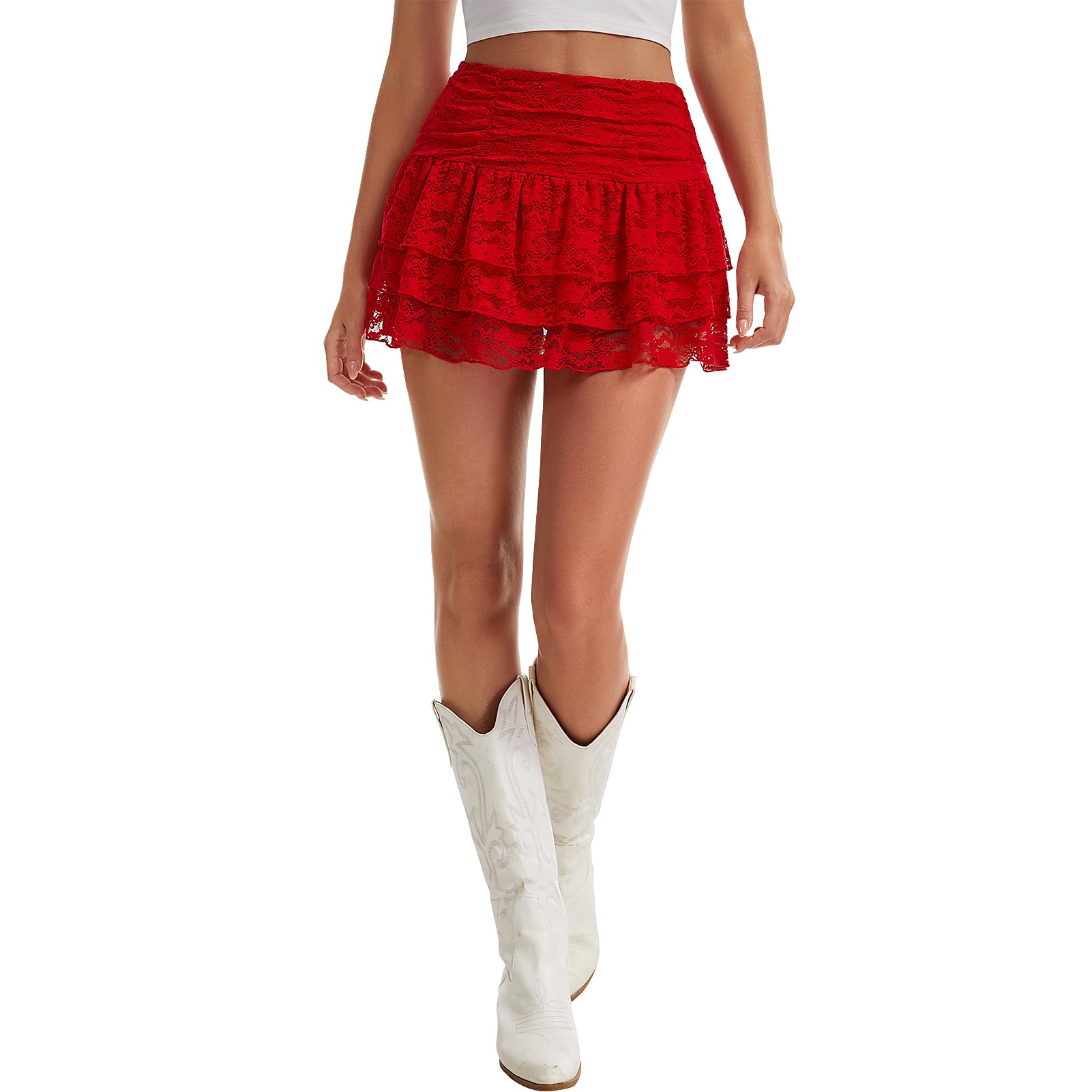 ANTLOOWW Damen Spitze Minirock Hohe Taille A-Linie-Spitzenrock mit Hose,Mehrlagiger Sexy Spitze Kurzer Rock mit Rüschen für Strand,Partys