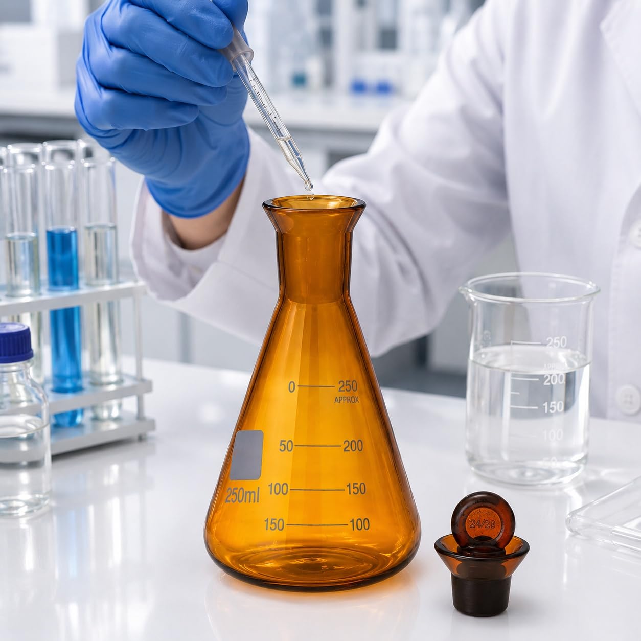 VIDOO Matraz Erlenmeyer Ámbar de Vidrio Borosilicato con Tapón Esmerilado, Frasco Cónico de Laboratorio con Protección Contra la Luz, 2000ml