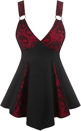 DRESSFO Women Tank Tops Casual Summer Tops Plaid Ruffled Cold Shoulder T Shirt Sexy Strap V Neck Sleeveless Gothic Tank Top