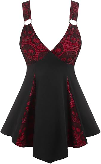 Women Tank Tops Casual Summer Tops Plaid Ruffled Cold Shoulder T Shirt Sexy Strap V Neck Sleeveless Gothic Tank Top
