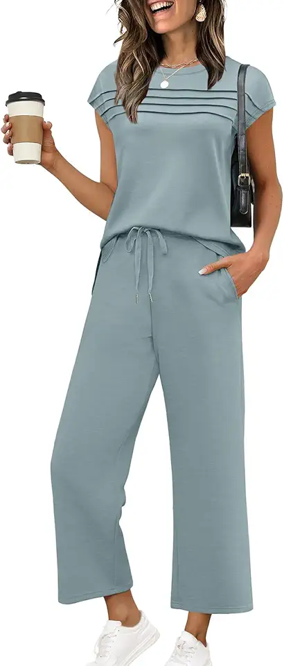 WIHOLL Two Piece Sets for Women Summer Travel Vacation Outfits Cap Sleeve Lounge Matching Sets Wide Leg Pants S-3XL