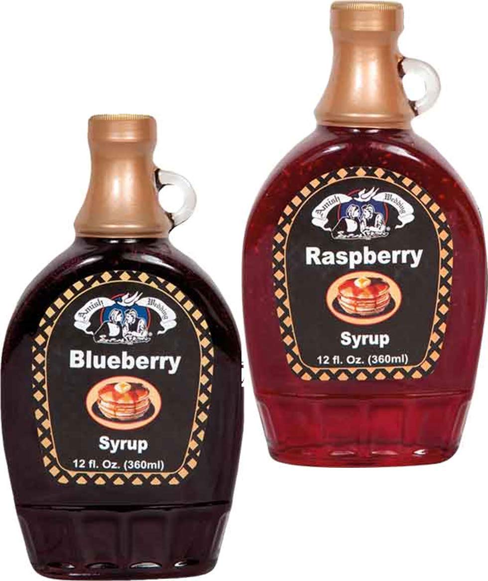 Amish Wedding Foods Fruit Flavored Pancake & Waffle Syrup Red Raspberry & Blueberry 12 oz. jars Variety 2 pack