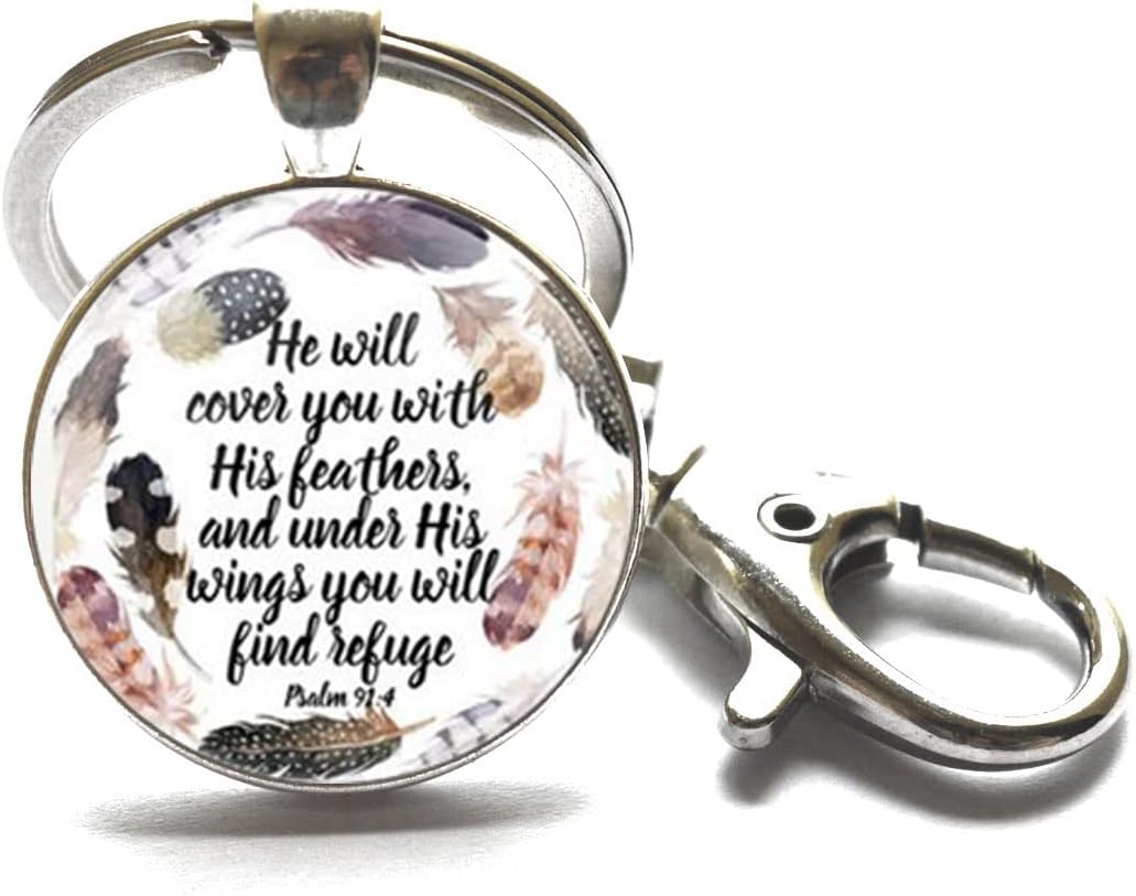 Scripture Key Ring Keychain"He Will Cover You with his Feathers, and Under his Wings You Will find Refuge. Psalm 91:4"๏ผ Psalm 91:4 Christian Jewelry Christian Keychain.XT130 (A)