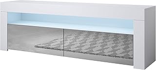 MB Muebles Bonitos, Mueble TV Aker con Luz LED para Salón Comedor, 2 Puertas Abatibles, Mueble de Televisión en Melamina Brillo, Color Blanco y Gris, 140x50.5x35 cm