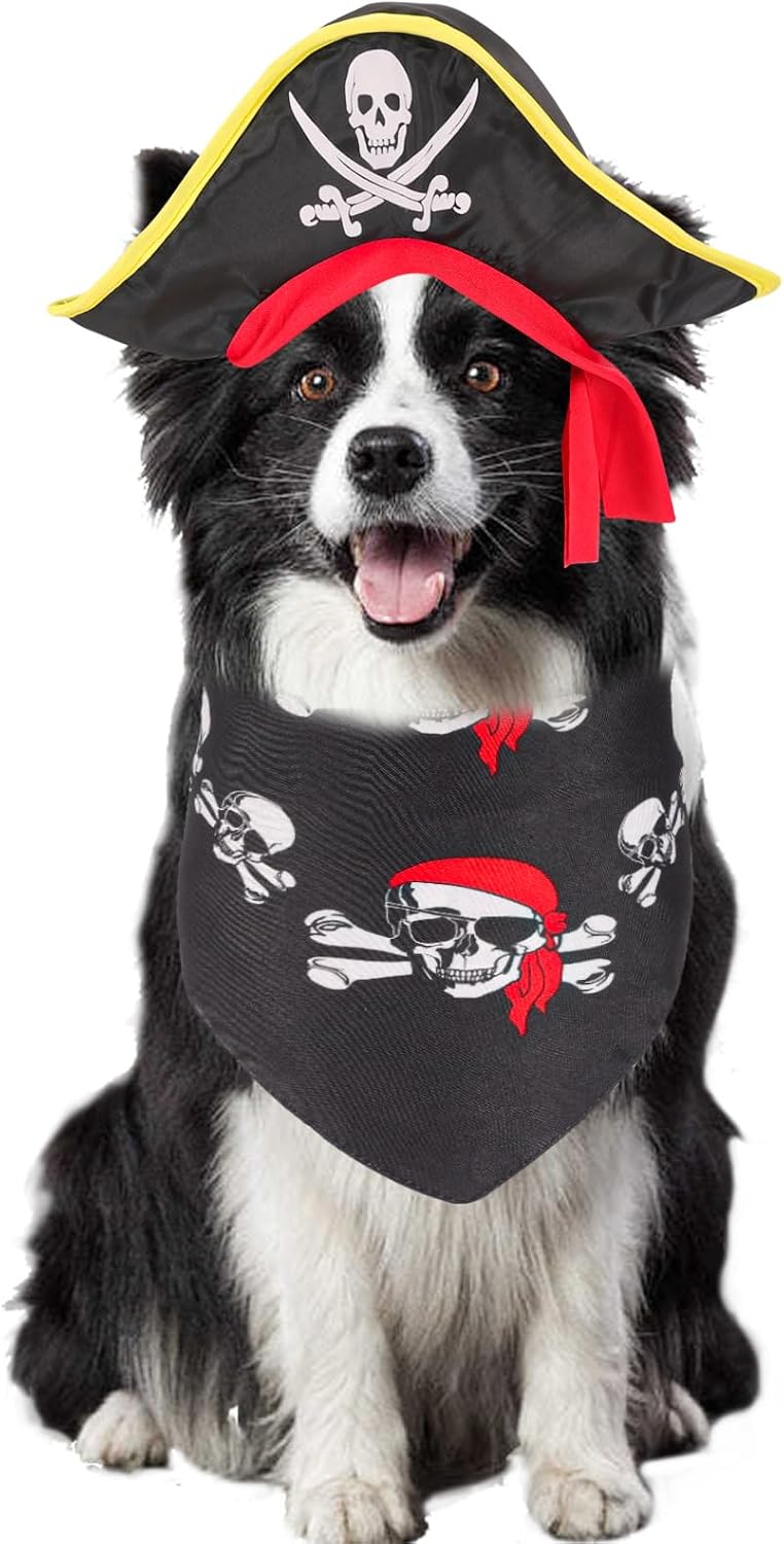 QKURT 3PCS Dog Pirate Costume, Pet Captain Hat Dog Pirate Skull Triangle Bandana Eye Mask Pet Dress Up Kit for Halloween Christmas Cosplay Funny Role Play Party