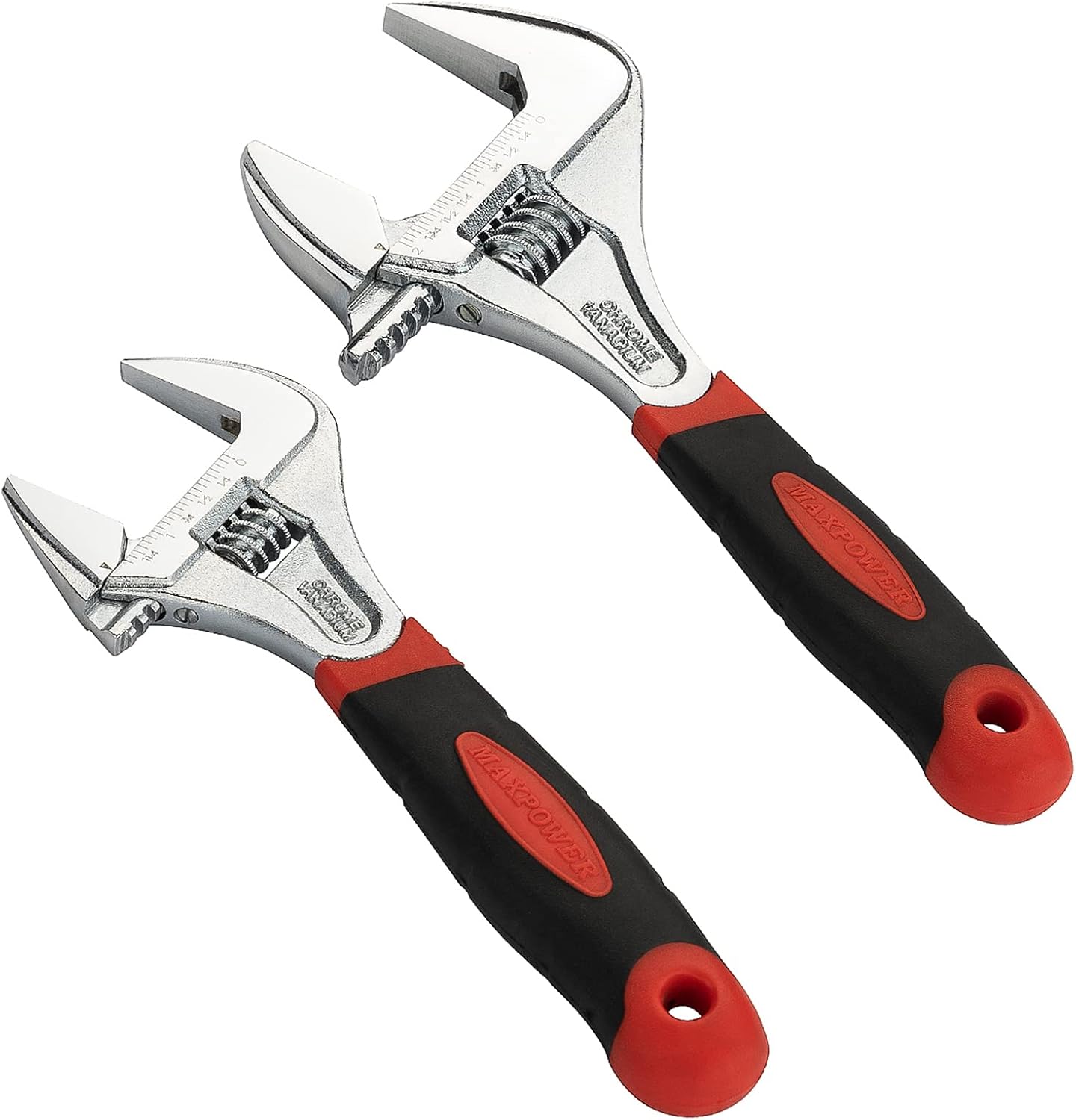 MAXPOWER 2PCS Softgrip Adjustable Wrench Set, Shifter Movable Spanner with Ergonomic TPR Handle, Super Large Jaw Capacity, Drop Forged Cr-V Steel, Chrome Finish, Metric/SAE, Includes 8-Inch, 10-Inch