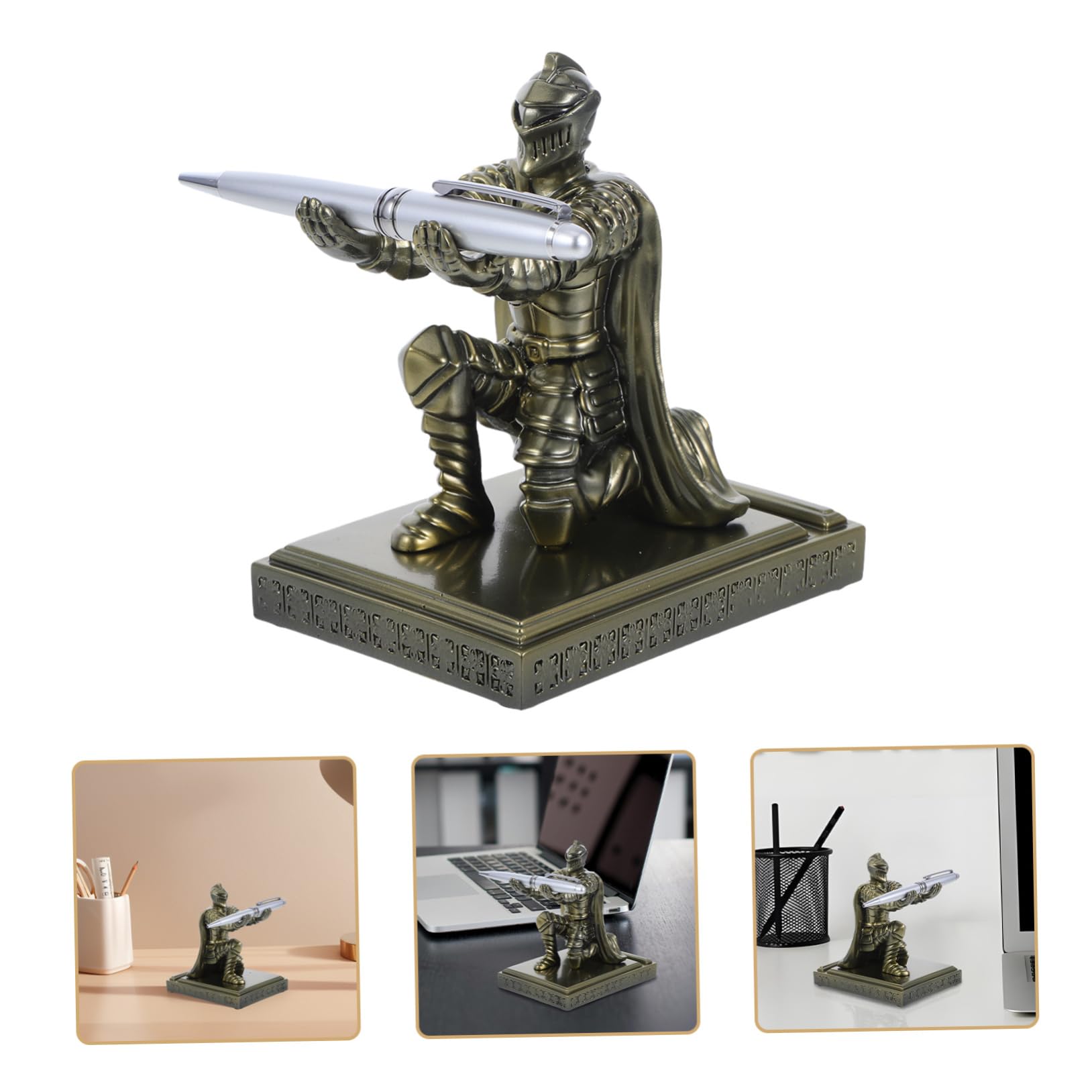 Portapenne Soldato in Resina Retrò Base Stabile, Design Unico da Cavaliere Inginocchiato per Scrivania Casa e Ufficio, Accessorio Militare Decorativo